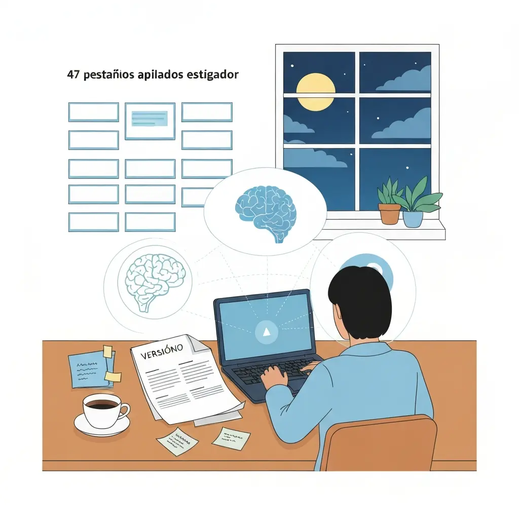 IA para tesis: doctorando trabajando de noche con asistente de IA, portátil y múltiples pestañas