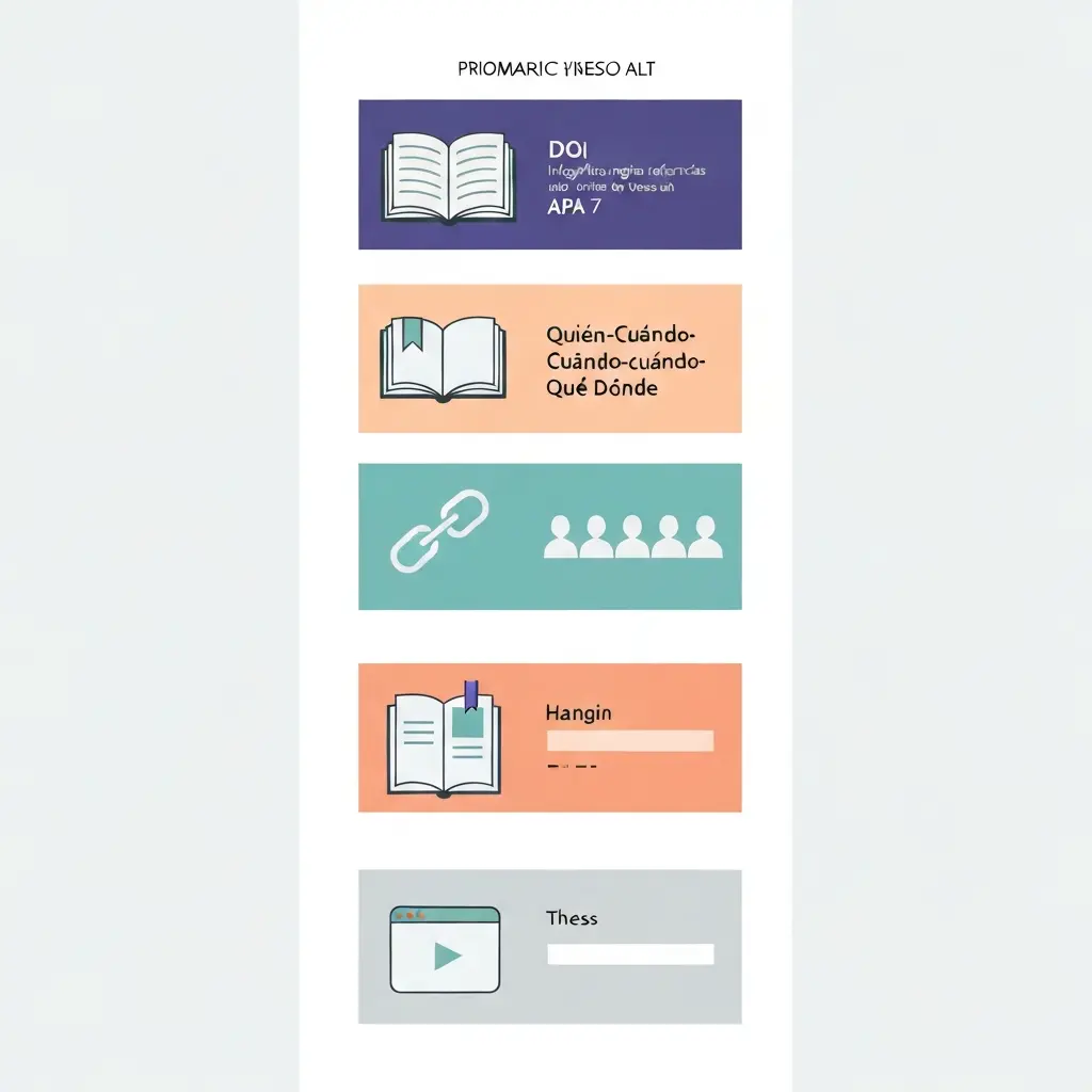 Infográfico vertical: reglas clave para referencias bibliográficas en APA 7 – modelo quién-cuándo-qué-dónde, DOI, sangría francesa y tipos de fuente