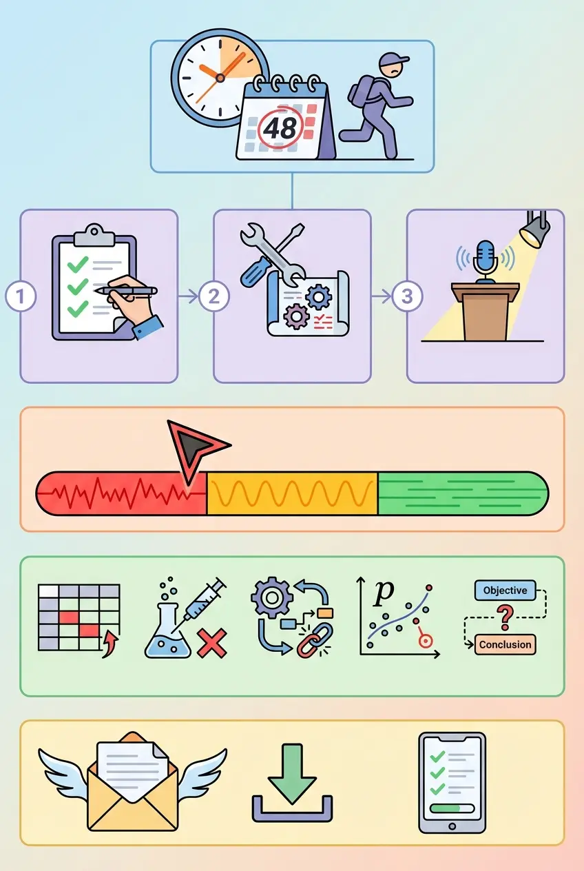 Infografía vertical: plan de rescate 48h para TFG de ingeniería, checklist visual y pasos prioritarios