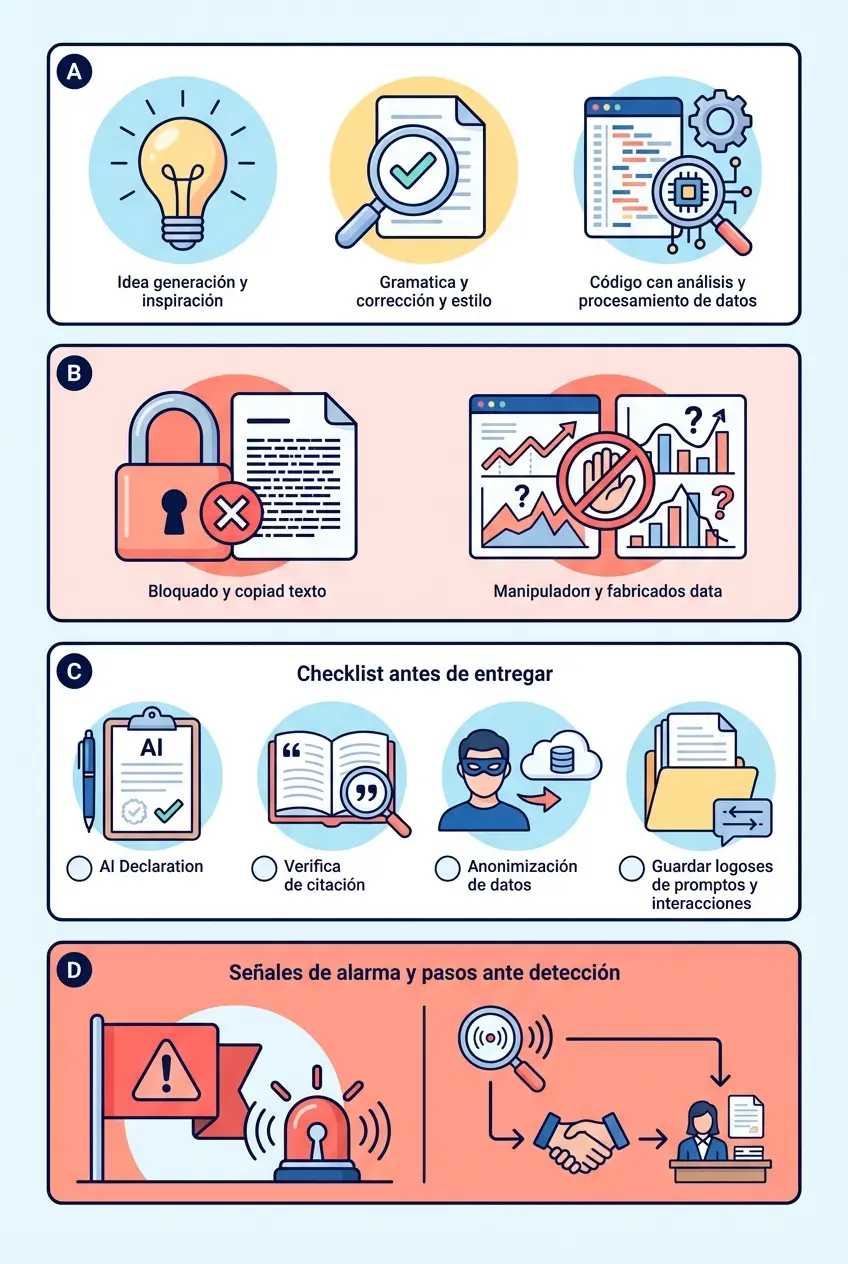 Infografía vertical resumen: uso seguro de IA en el TFG en 2026
