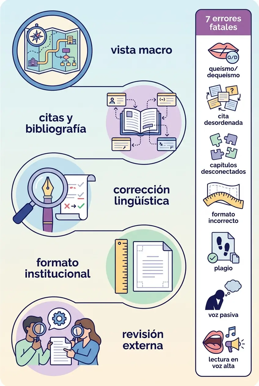 Infografía visual vertical: método de revisión de tesis en 5 pasos y 7 errores comunes