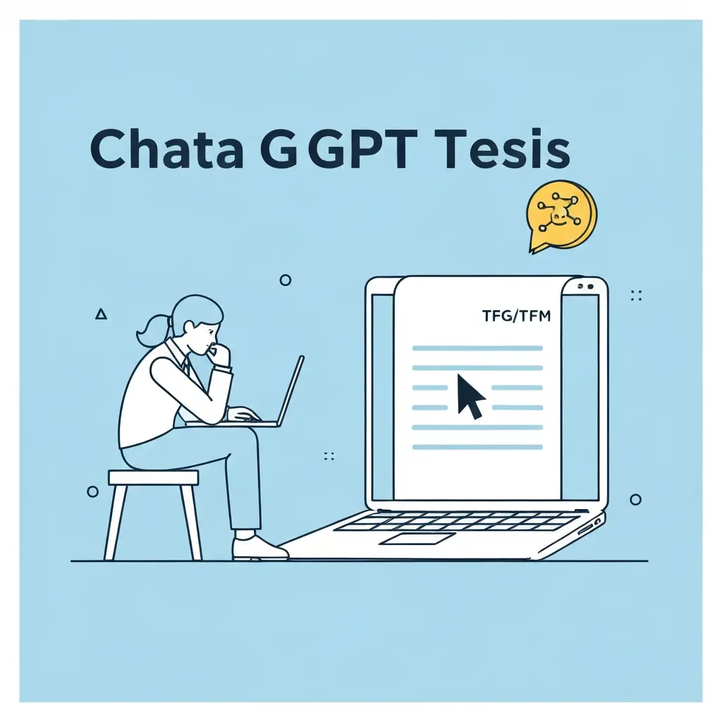 Estudiante universitario usando ChatGPT como asistente para redactar su TFG TFM o tesis doctoral en su portátil con notas y libros académicos