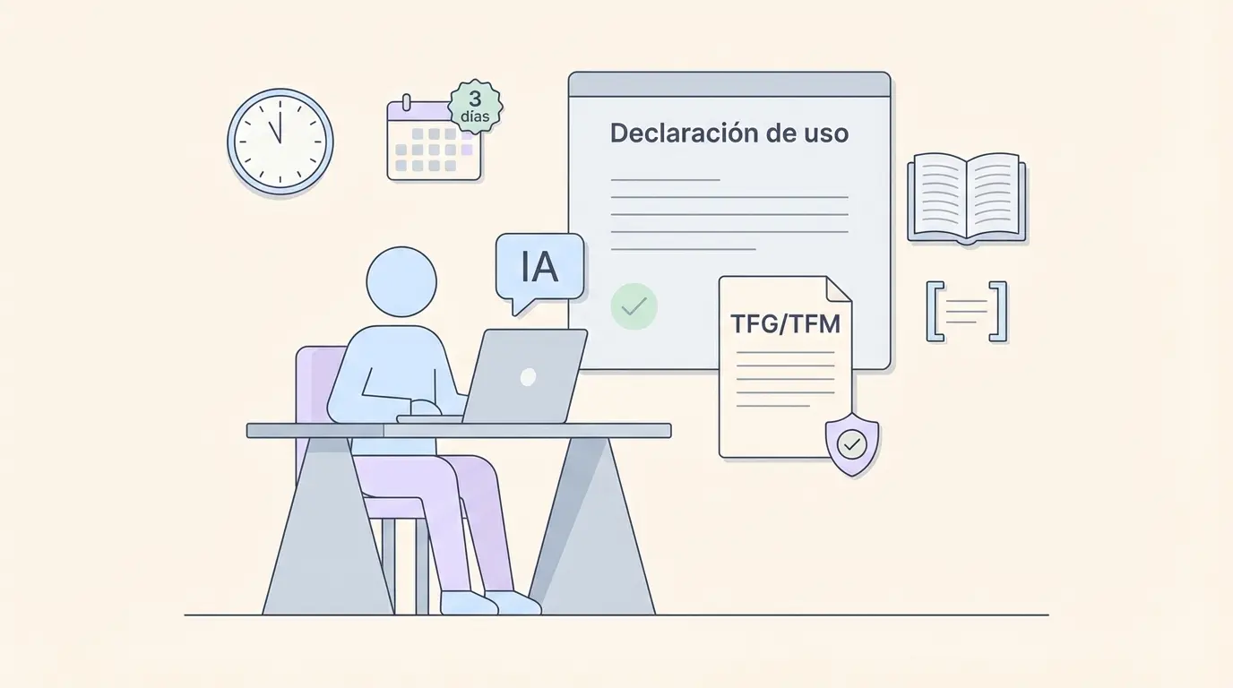 Estudiante universitario revisando normativa sobre uso ético de IA en su tesis académica con guías de citación APA y MLA sobre el escritorio