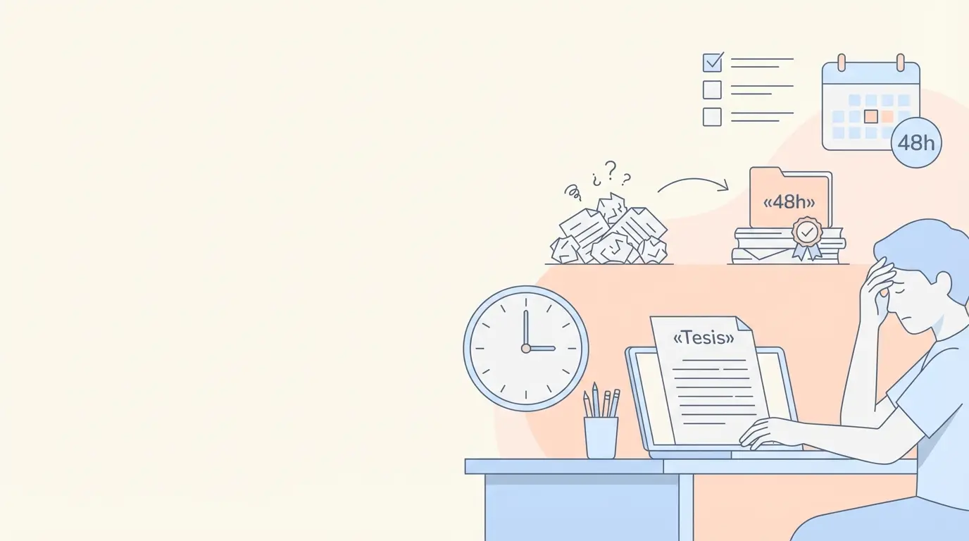 Estudiante universitario corrigiendo los 7 errores fatales de su tesis con un plan de choque de 48 horas sobre el escritorio