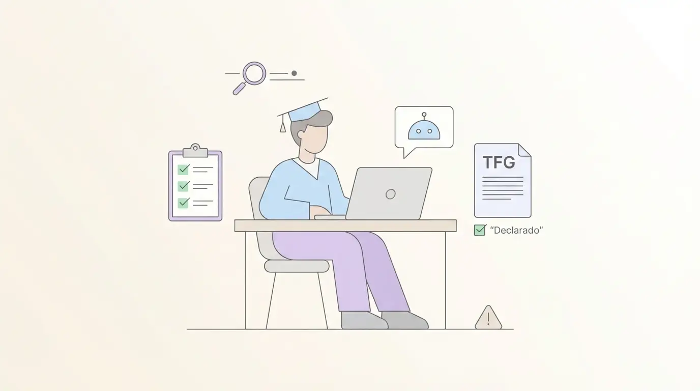 Estudiante universitario revisando su TFG en portátil con herramientas de inteligencia artificial y checklist de pautas éticas en 2026