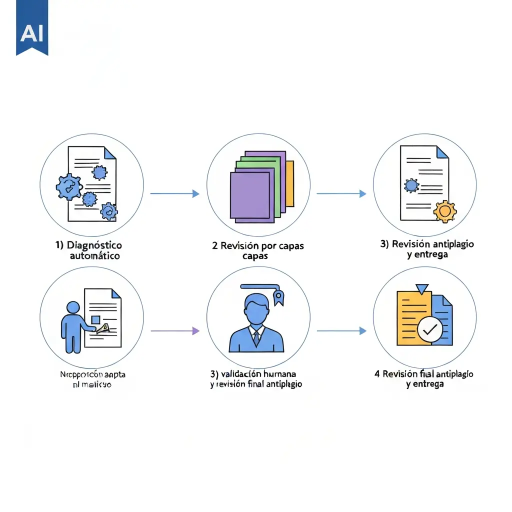 Método de revisión de tesis en 4 fases: diagnóstico automático, revisión por capas, validación humana y revisión final antiplagio