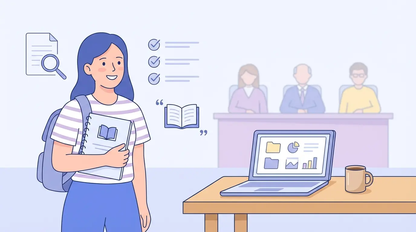 Estudiante revisando tesis con laptop y tribunal estilizado — revisión de tesis