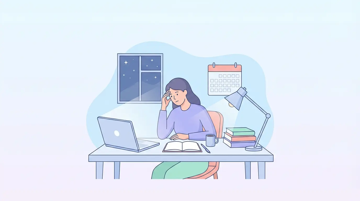 Estudiante universitaria trabajando de noche en su TFG de ciencias sociales, representando la metodología cualitativa y la urgencia del plazo