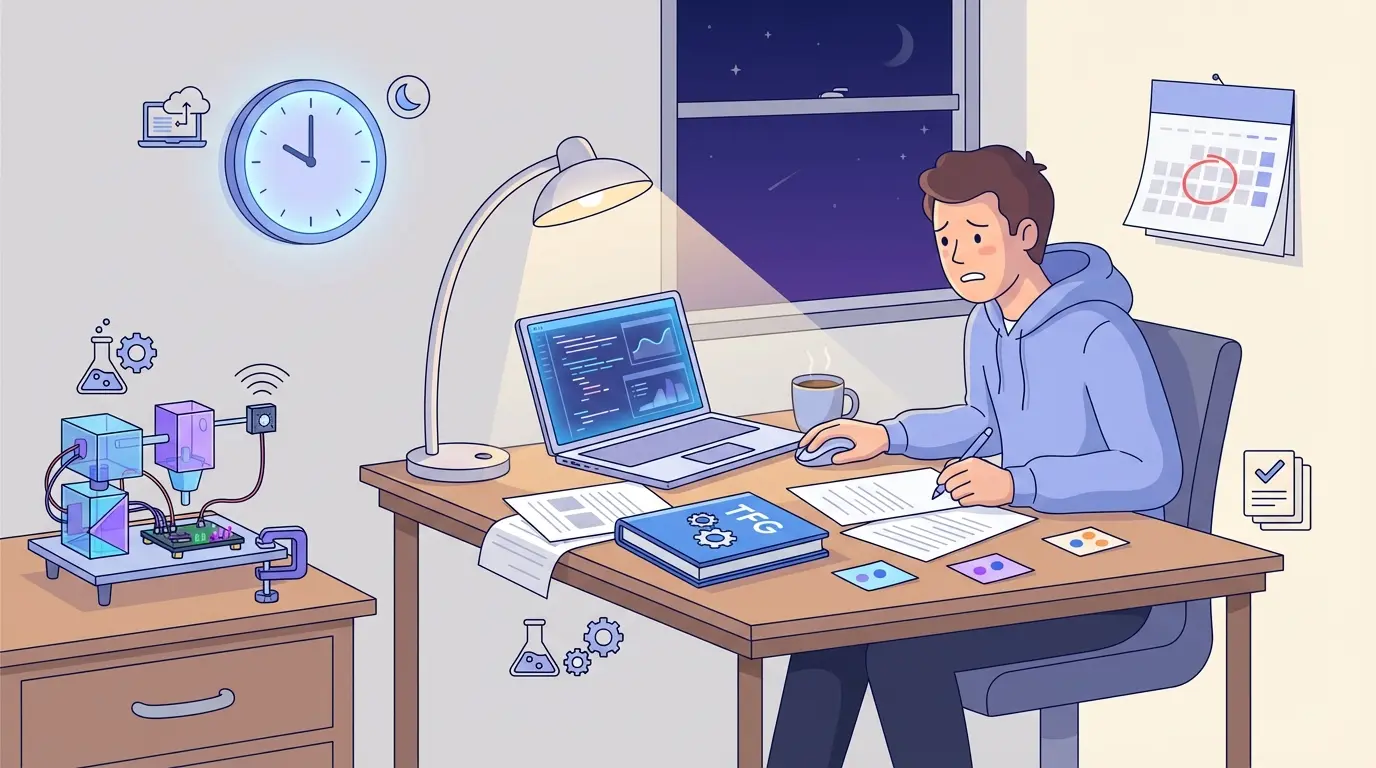 Estudiante de ingeniería trabajando de noche para rescatar su TFG en 48 horas, laptop y equipo experimental en escritorio