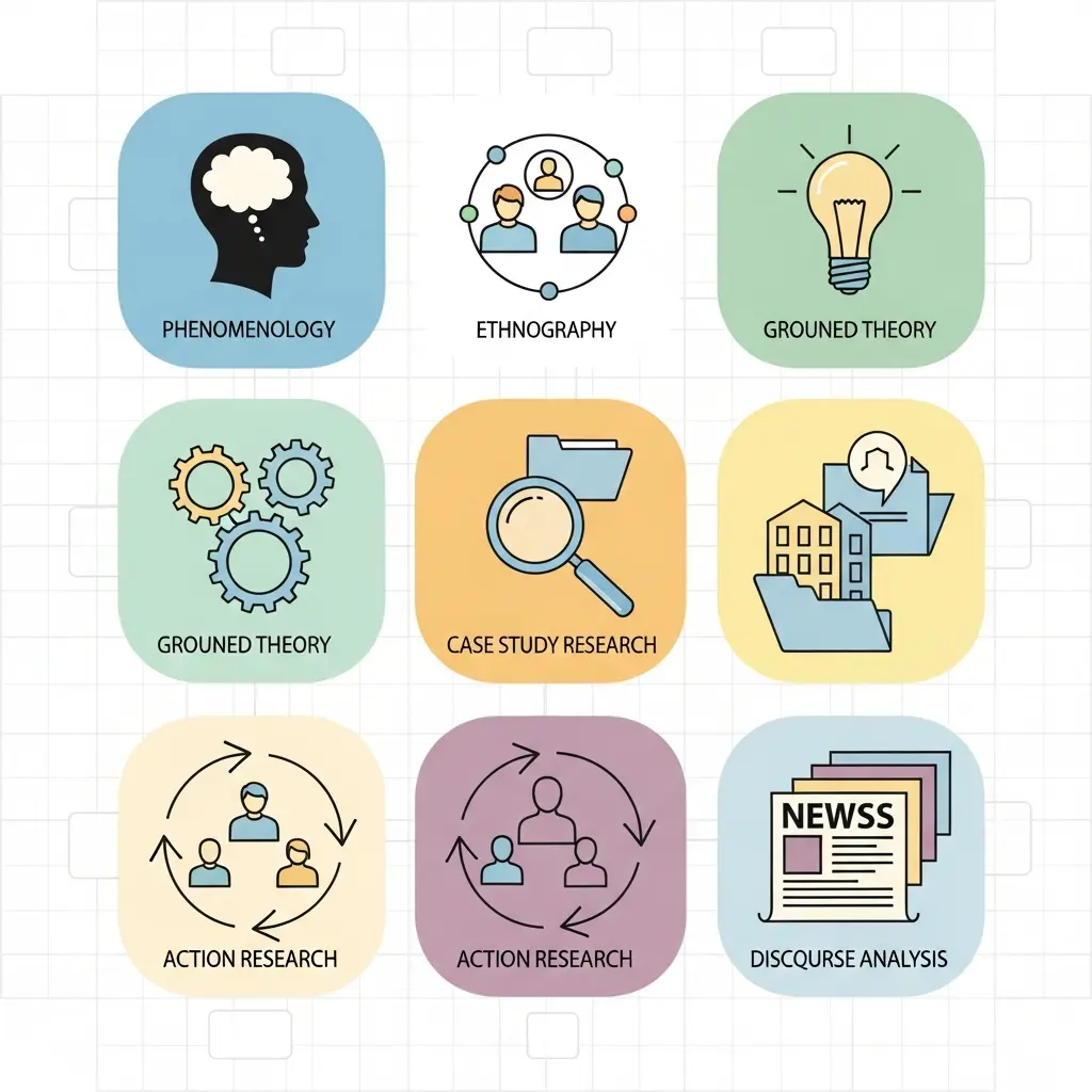 Tipos de métodos cualitativos TFG - comparación visual: fenomenología, etnografía, teoría fundamentada, estudio de caso, investigación-acción, análisis del discurso