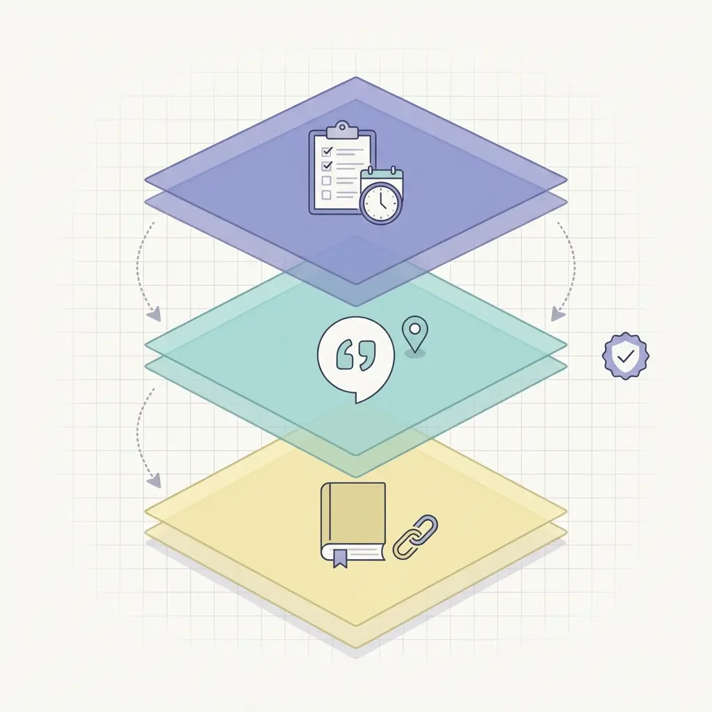 Diagrama 3 capas de citación de IA: declaración, cita en el texto y referencia