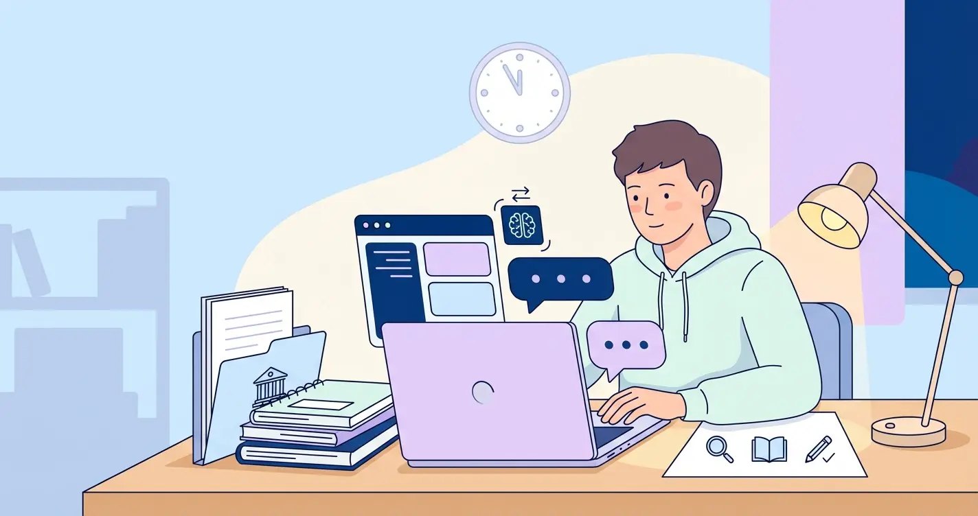 Estudiante por la noche usando IA en su tesis: uso ético de la IA en tesis académicas