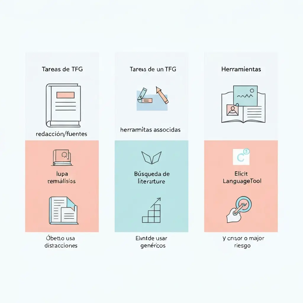 Infografía sobre tareas del TFG que pueden delegarse a herramientas de IA con distintos niveles de riesgo académico