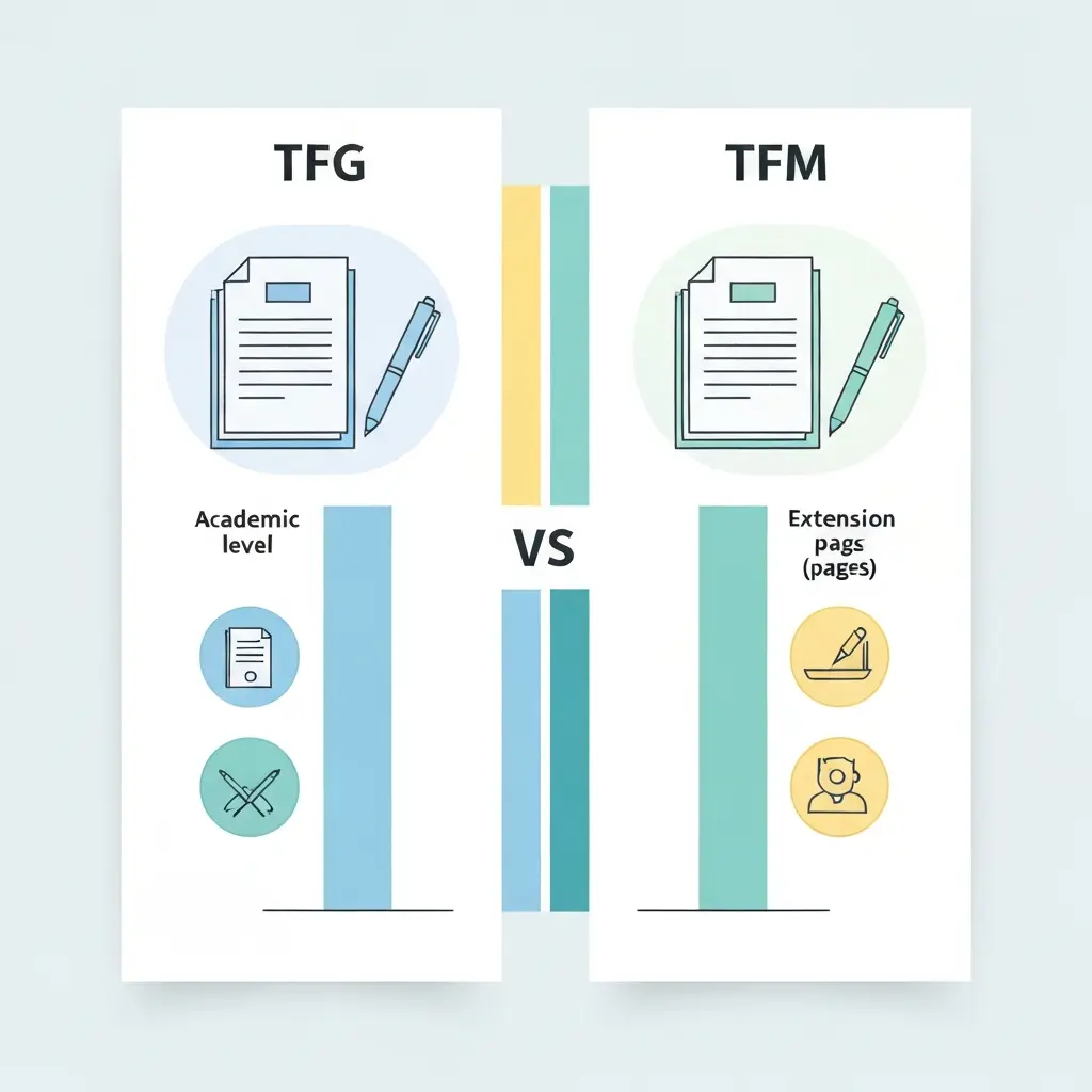 Infografía comparativa TFG vs TFM: nivel académico, extensión en páginas, originalidad exigida y metodología en universidades españolas