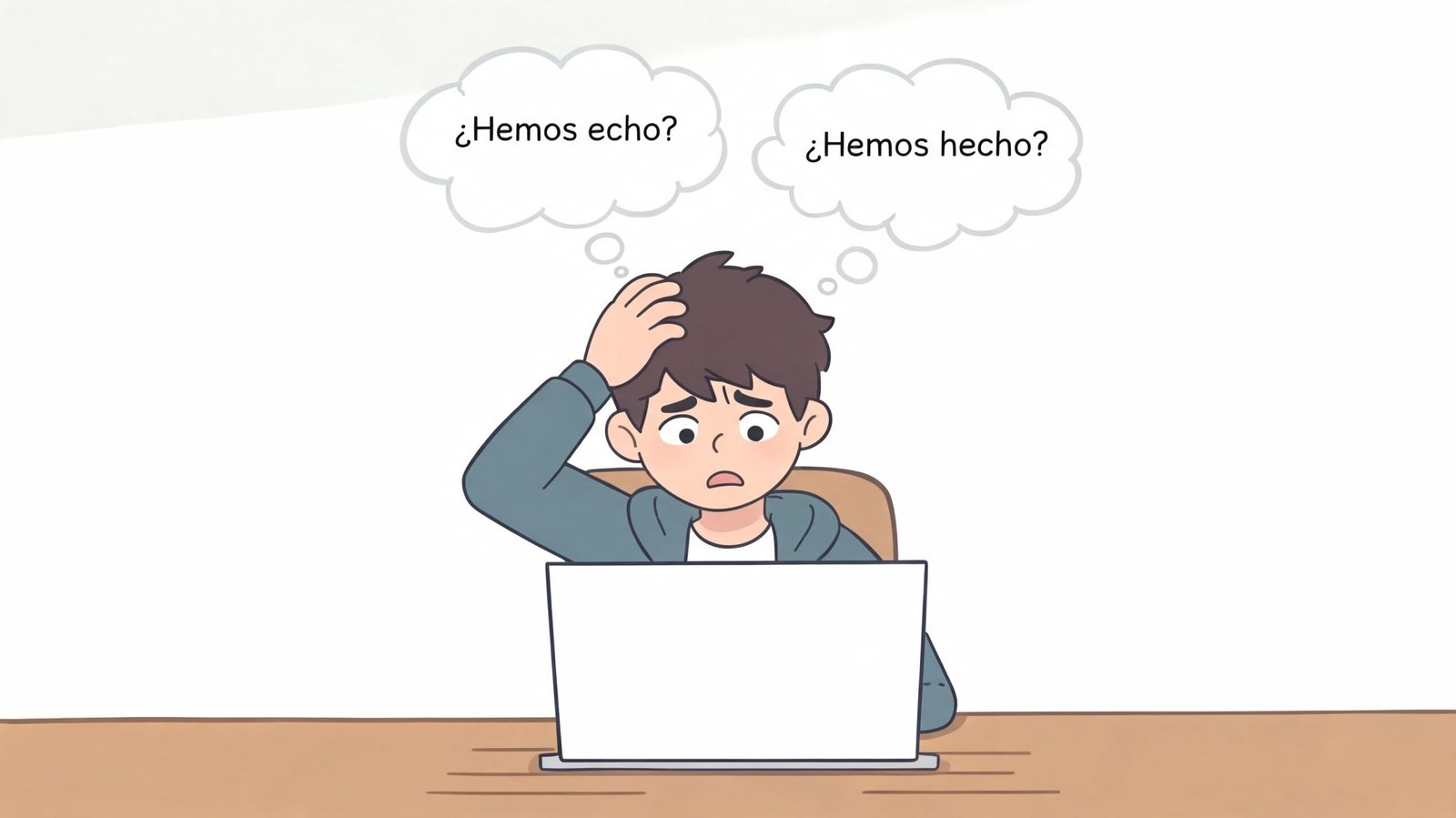 Un joven preocupado sentado frente a su computadora pensando si es correcto hemos echo o hemos hecho.