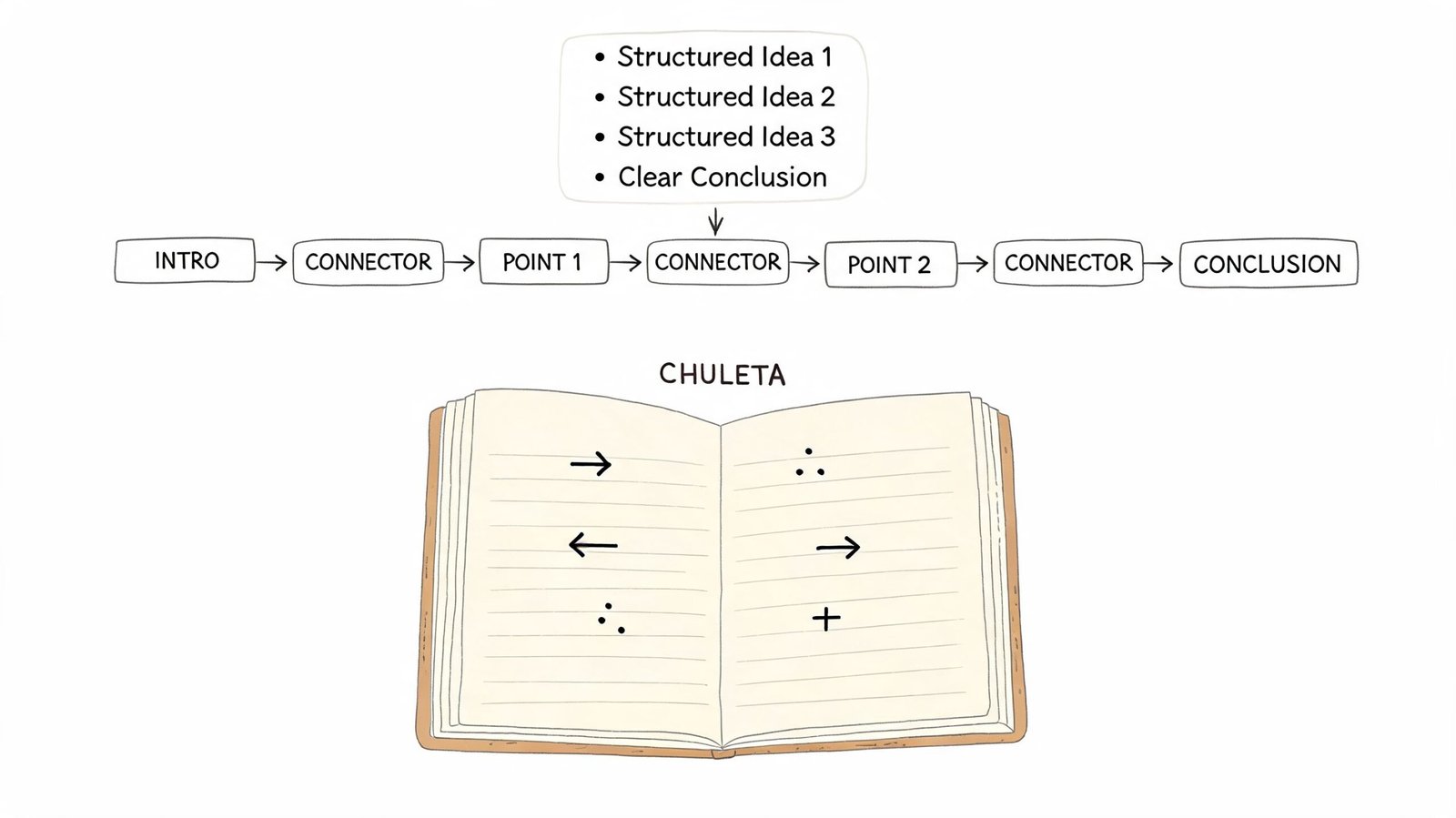 Diagrama de flujo que muestra la estructura de un texto usando conectores, puntos y una conclusión lógica.