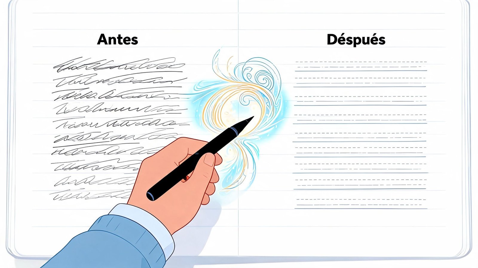 Una mano escribiendo con bolígrafo negro sobre una libreta dividida entre texto desordenado y líneas ordenadas.