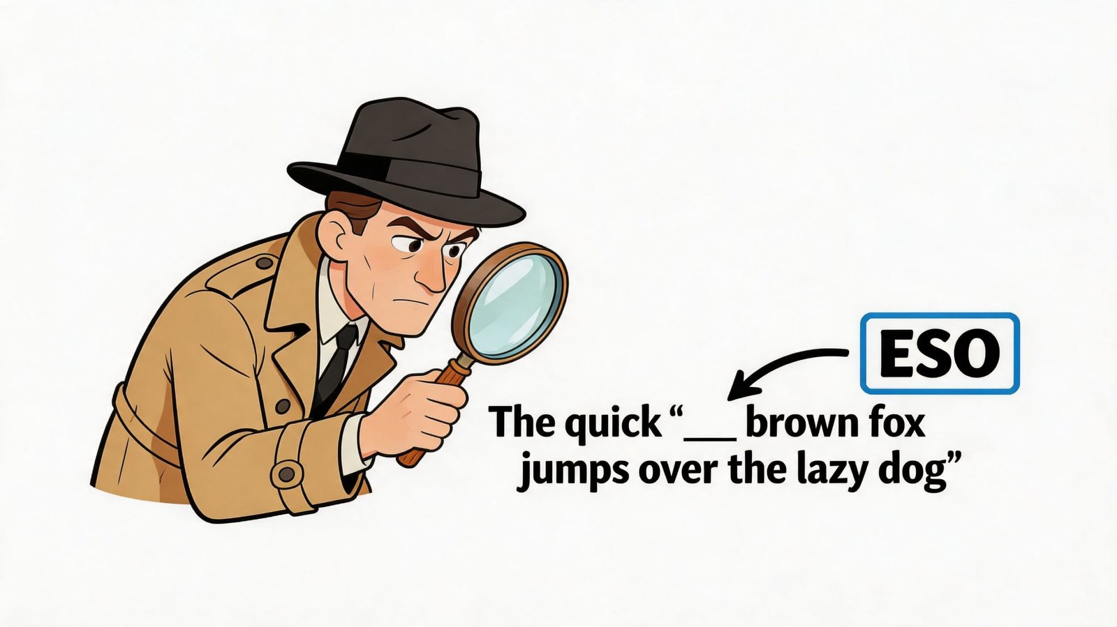 Un detective examina la frase en inglés The quick brown fox jumps over the lazy dog.