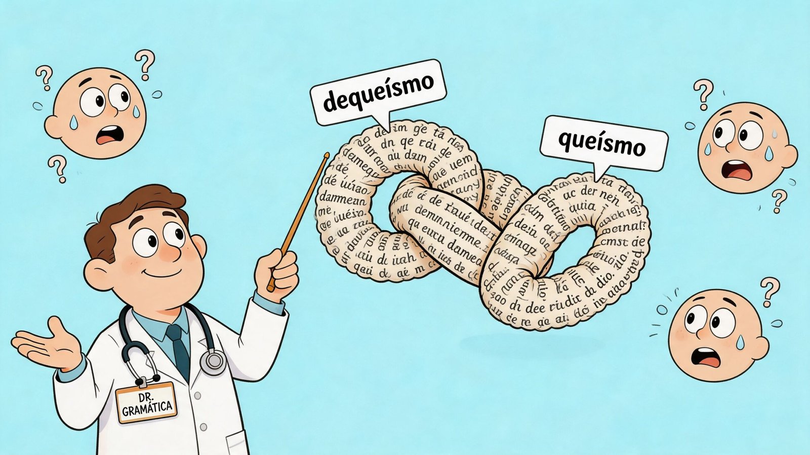 Doctor gramático enseñando sobre el dequeísmo y el queísmo con un gráfico en forma de infinito.