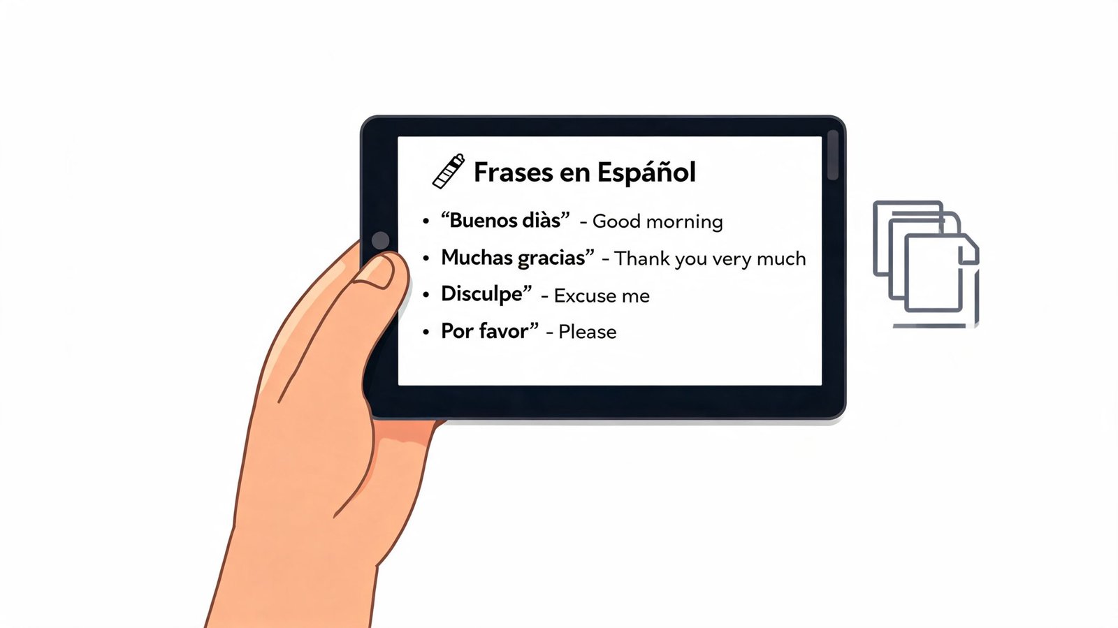 Una mano sosteniendo una tableta electrónica mostrando una lista de frases comunes en español con traducciones.
