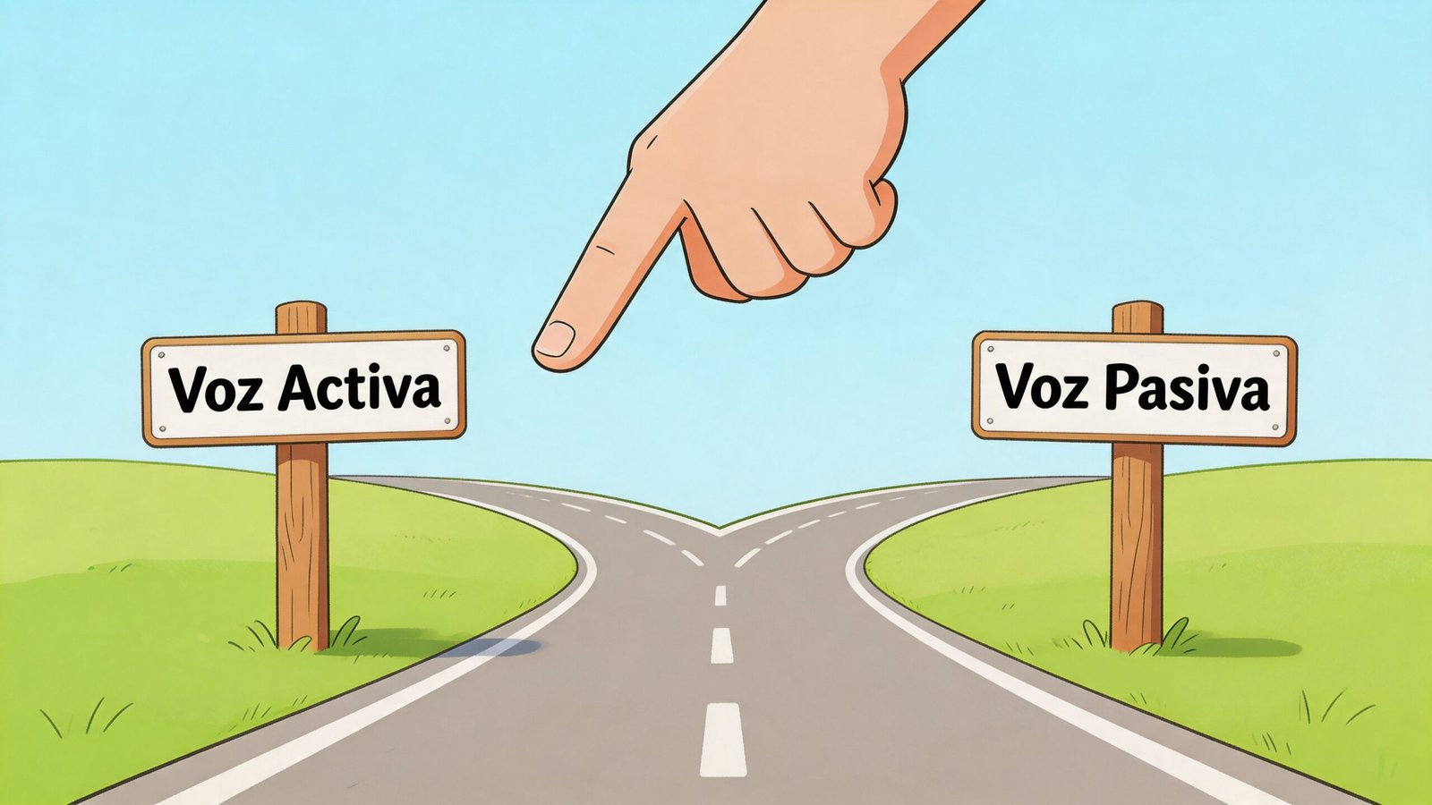 Un dibujo con una mano señalando un camino que se divide hacia Voz Activa y Voz Pasiva.
