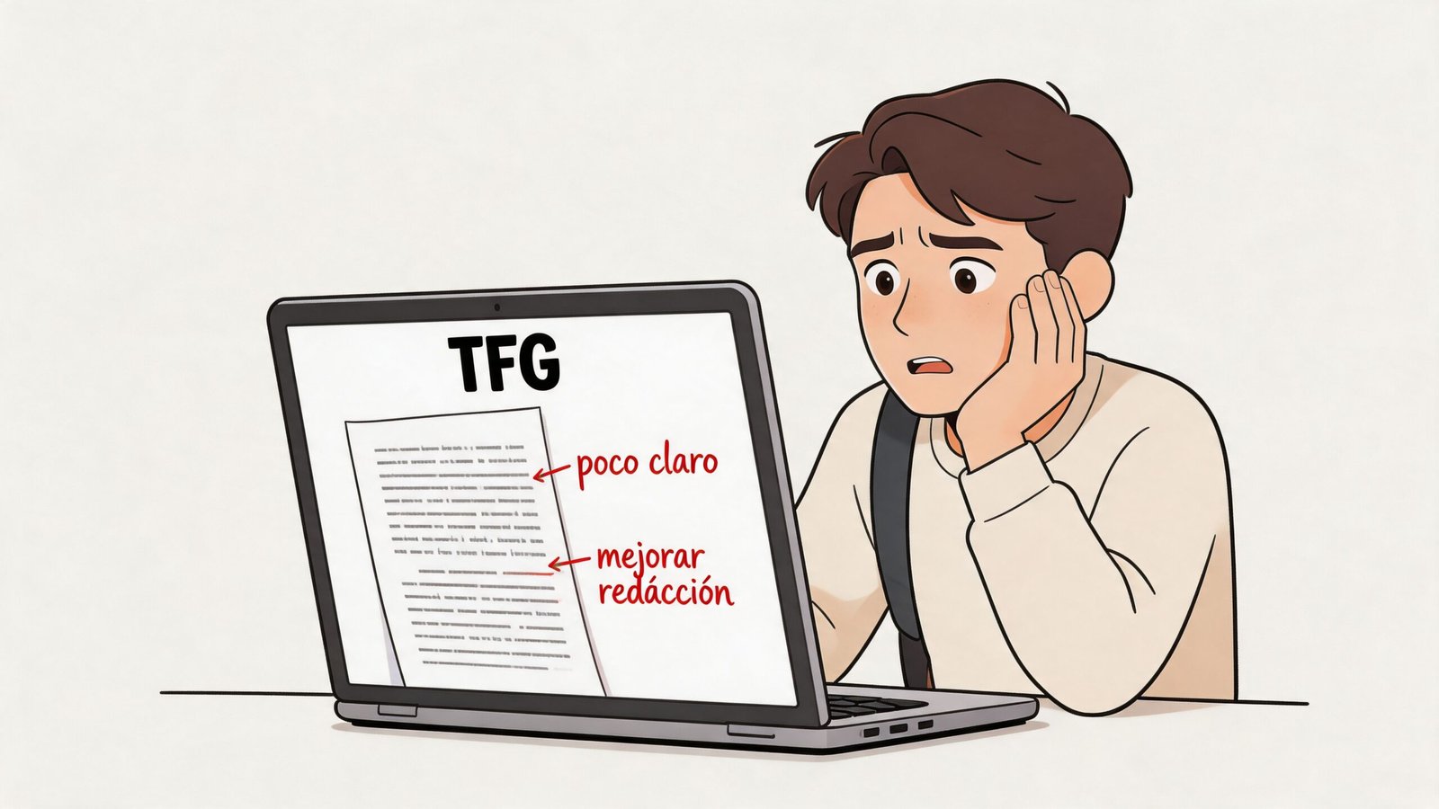 Estudiante universitario preocupado revisando su trabajo final de grado en un ordenador portátil con comentarios de corrección.