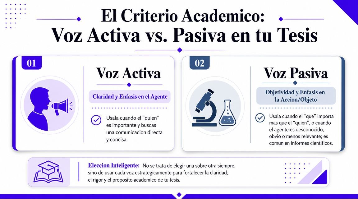 Infografía comparativa sobre el uso de la voz activa y pasiva en la redacción de tesis académicas.