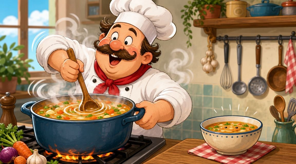 Un alegre chef de dibujos animados cocinando una deliciosa sopa en una cocina acogedora y luminosa.