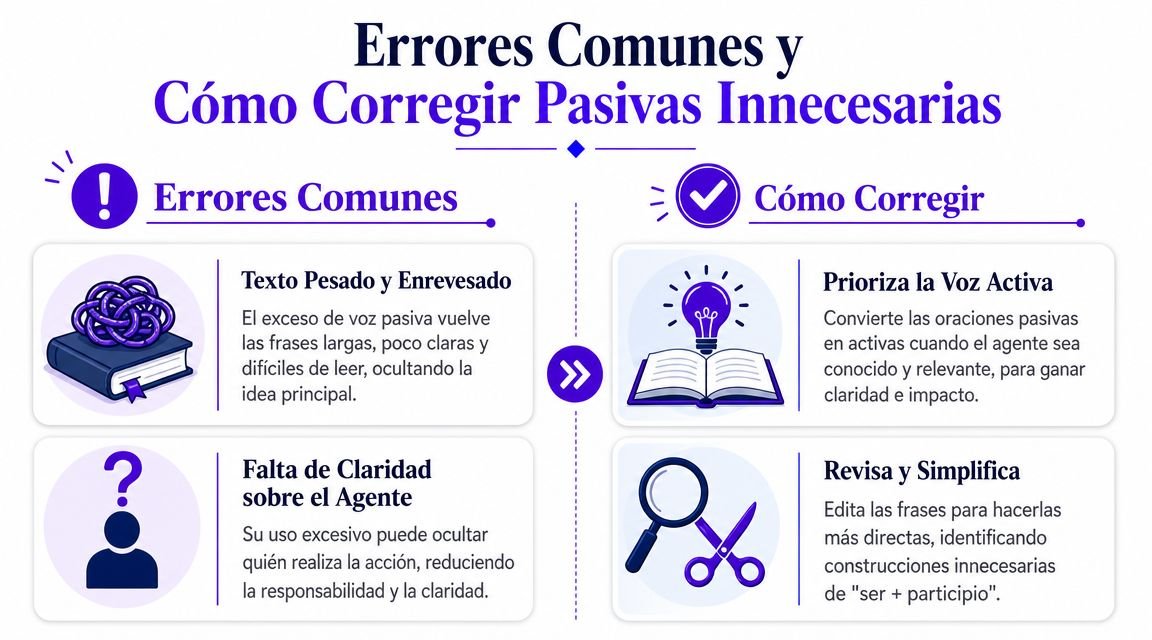 Infografía sobre cómo identificar errores comunes de voz pasiva y consejos para usar la voz activa.