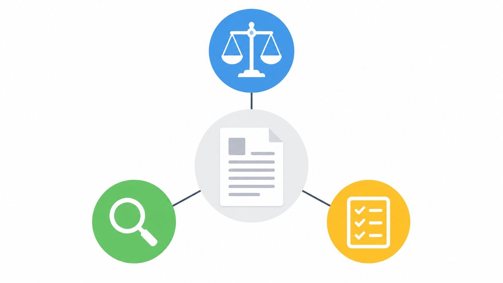 Diagrama que muestra un documento central conectado con iconos de una balanza, una lupa y una lista.