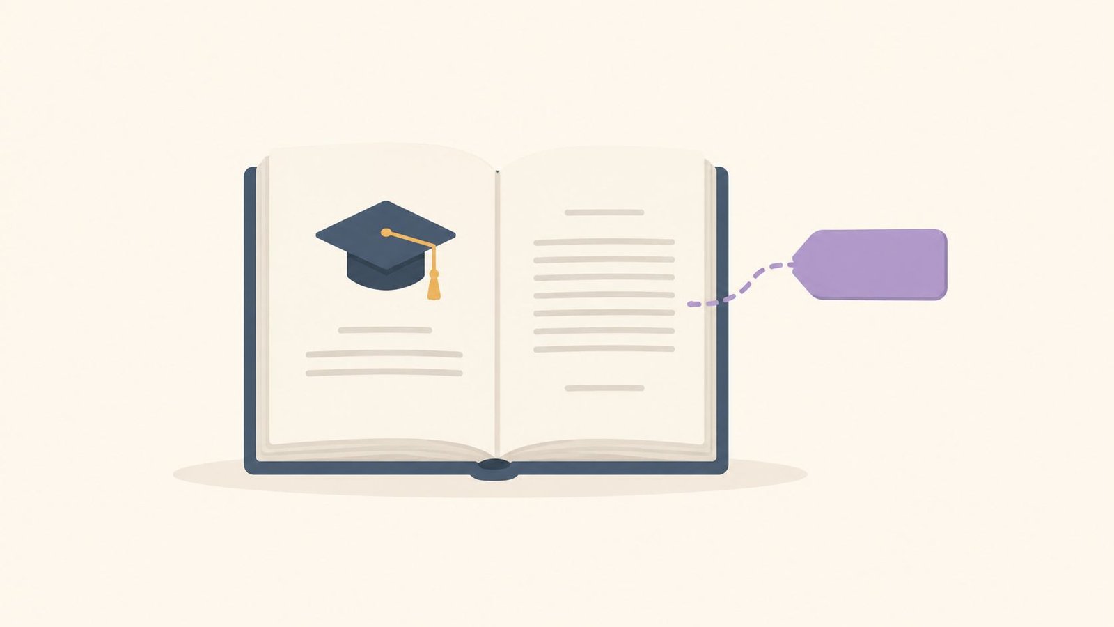 Libro abierto con un birrete de graduación dibujado y una etiqueta morada flotando a la derecha.