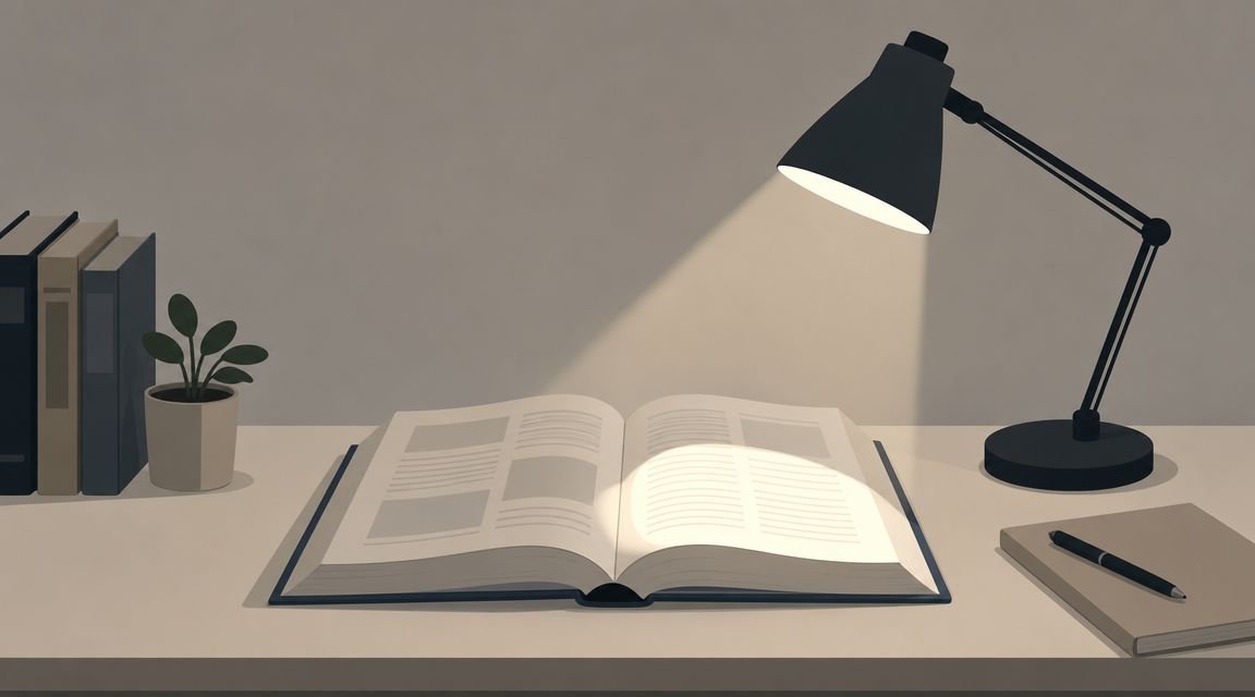 Un escritorio minimalista con un libro abierto bajo la luz de una lámpara junto a unos libros.