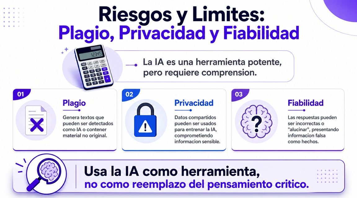 Infografía sobre riesgos y límites de la inteligencia artificial, incluyendo plagio, privacidad y fiabilidad de la información.