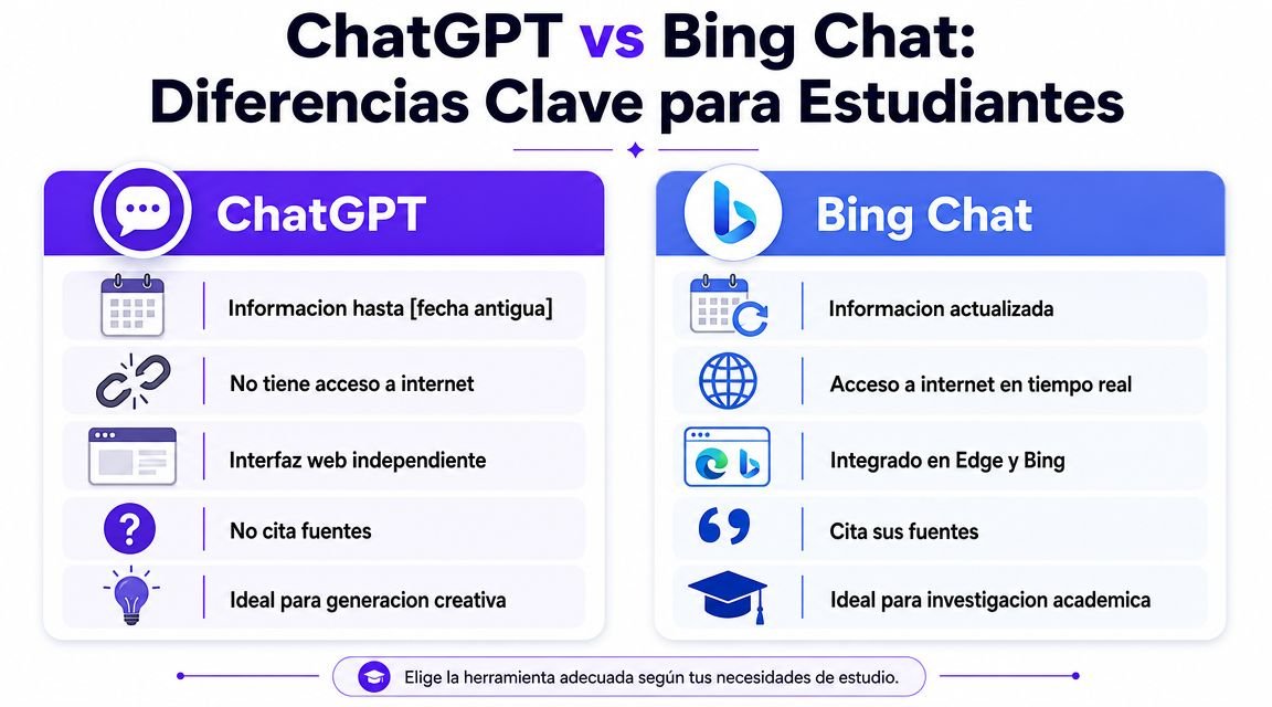Infografía comparativa que muestra las diferencias clave entre ChatGPT y Bing Chat para estudiantes.