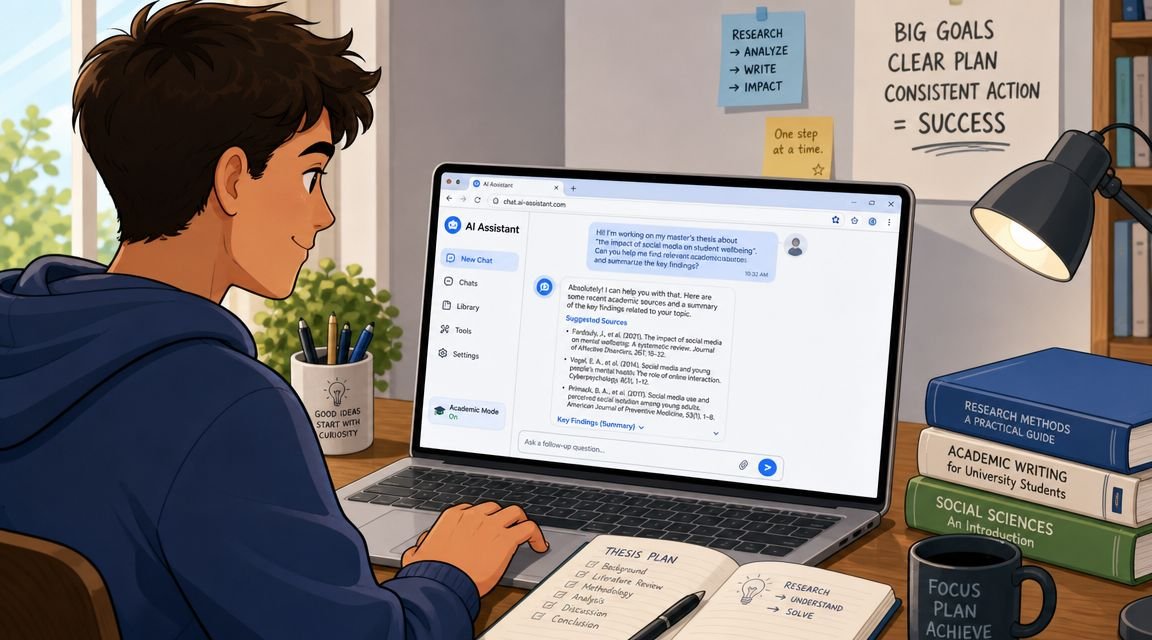 Un estudiante sentado frente a una laptop trabajando en su tesis académica con ayuda de inteligencia artificial.