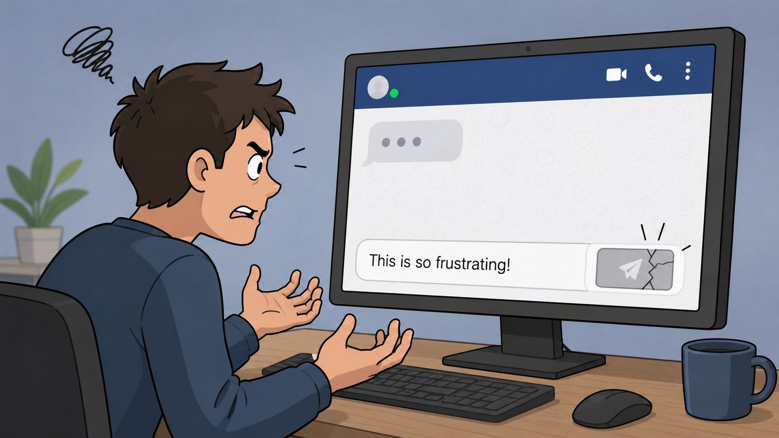 Joven frustrado frente a una computadora mientras intenta enviar un mensaje en un chat que no funciona.