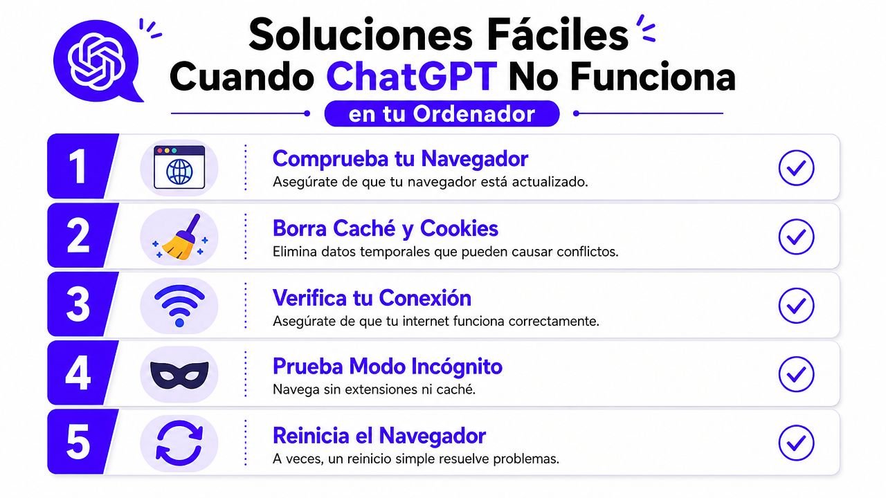 Infografía con cinco consejos para solucionar problemas cuando ChatGPT no funciona correctamente en el ordenador.