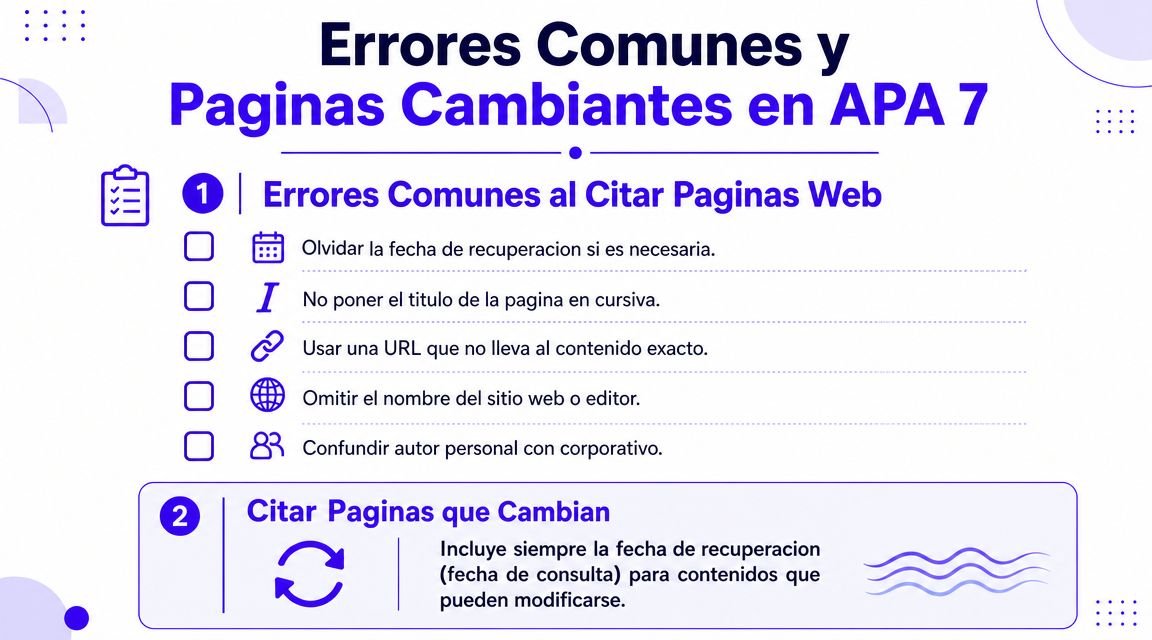 Infografía sobre errores comunes al citar páginas web en formato APA 7 y cómo citar contenidos cambiantes.