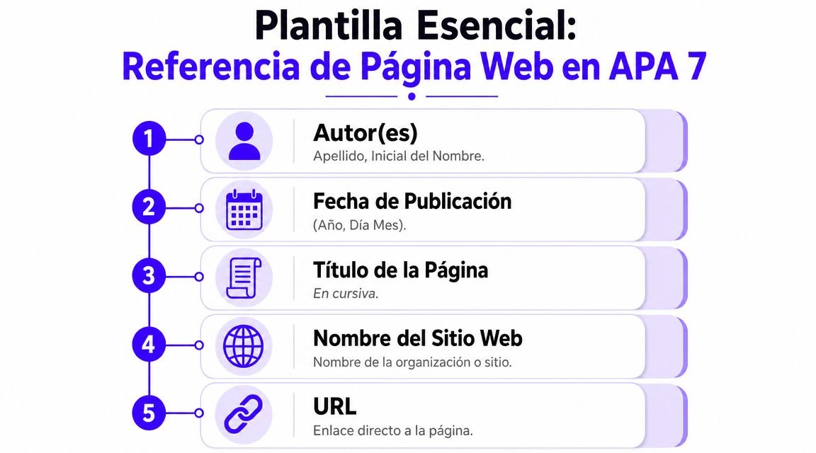 Infografía que detalla los cinco elementos necesarios para crear una referencia bibliográfica de página web en APA 7.