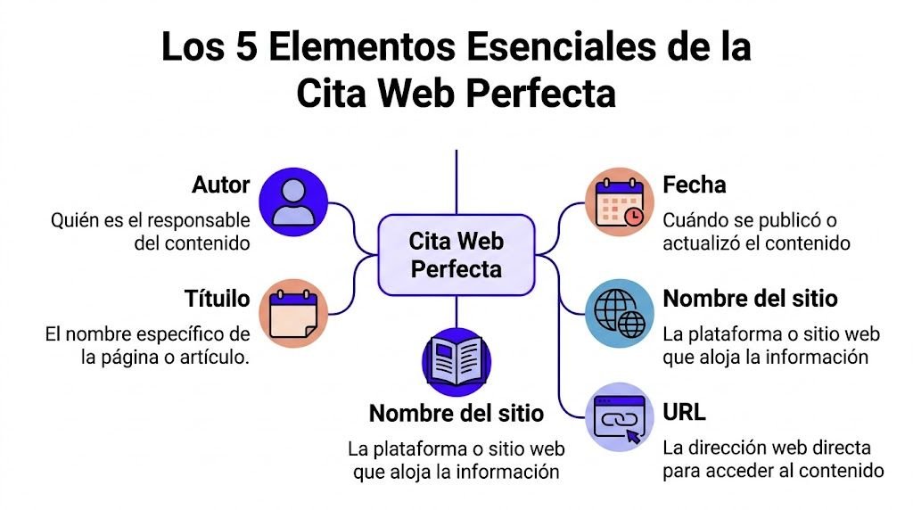 Infografía que muestra los cinco elementos esenciales para realizar una cita web perfecta en formato APA.