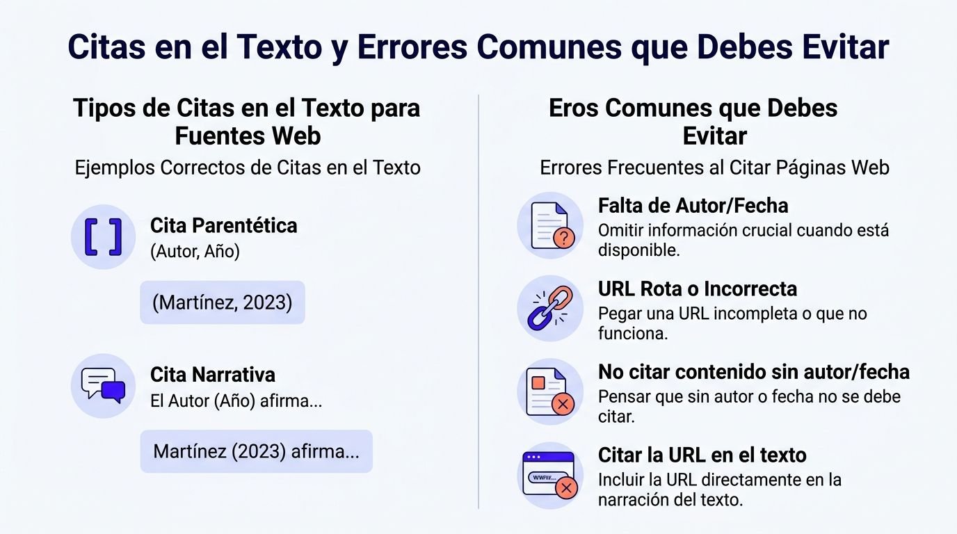 Infografía sobre tipos de citas en el texto y errores comunes al citar páginas web en formato APA.