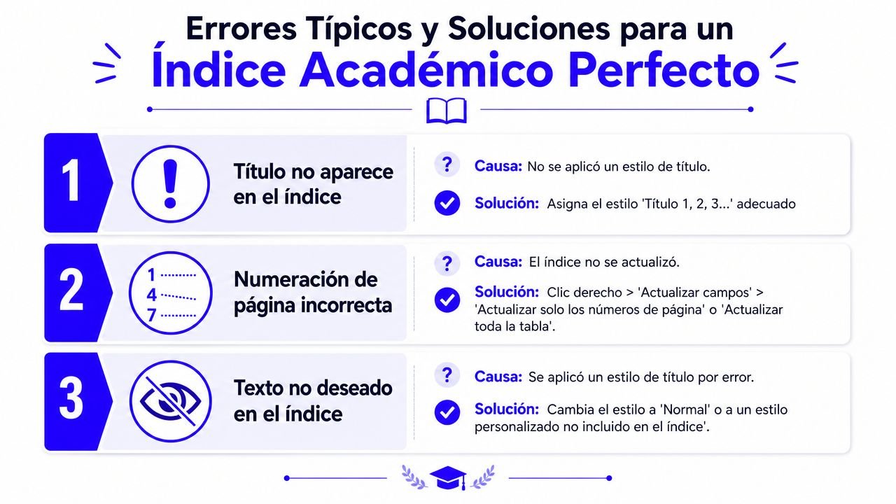 Infografía sobre errores típicos y soluciones para corregir índices académicos en documentos de Microsoft Word.