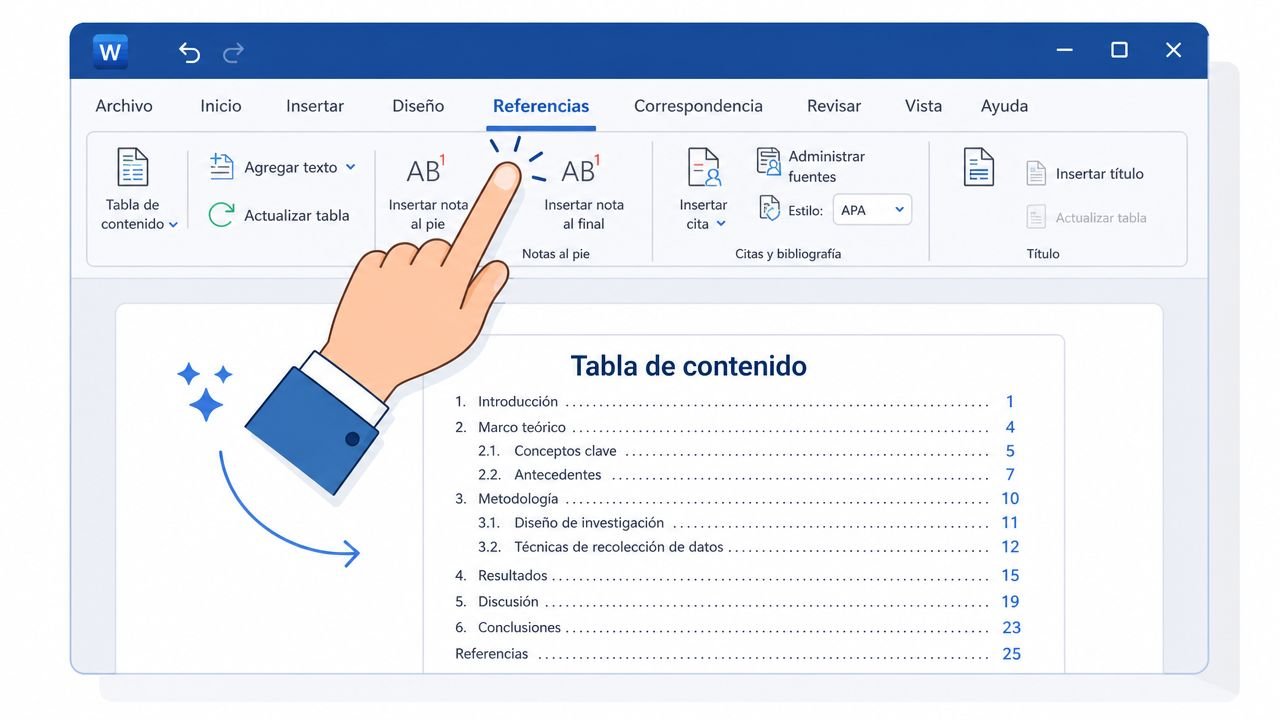 Captura de pantalla de Microsoft Word mostrando la pestaña Referencias para crear un índice automático de contenidos.