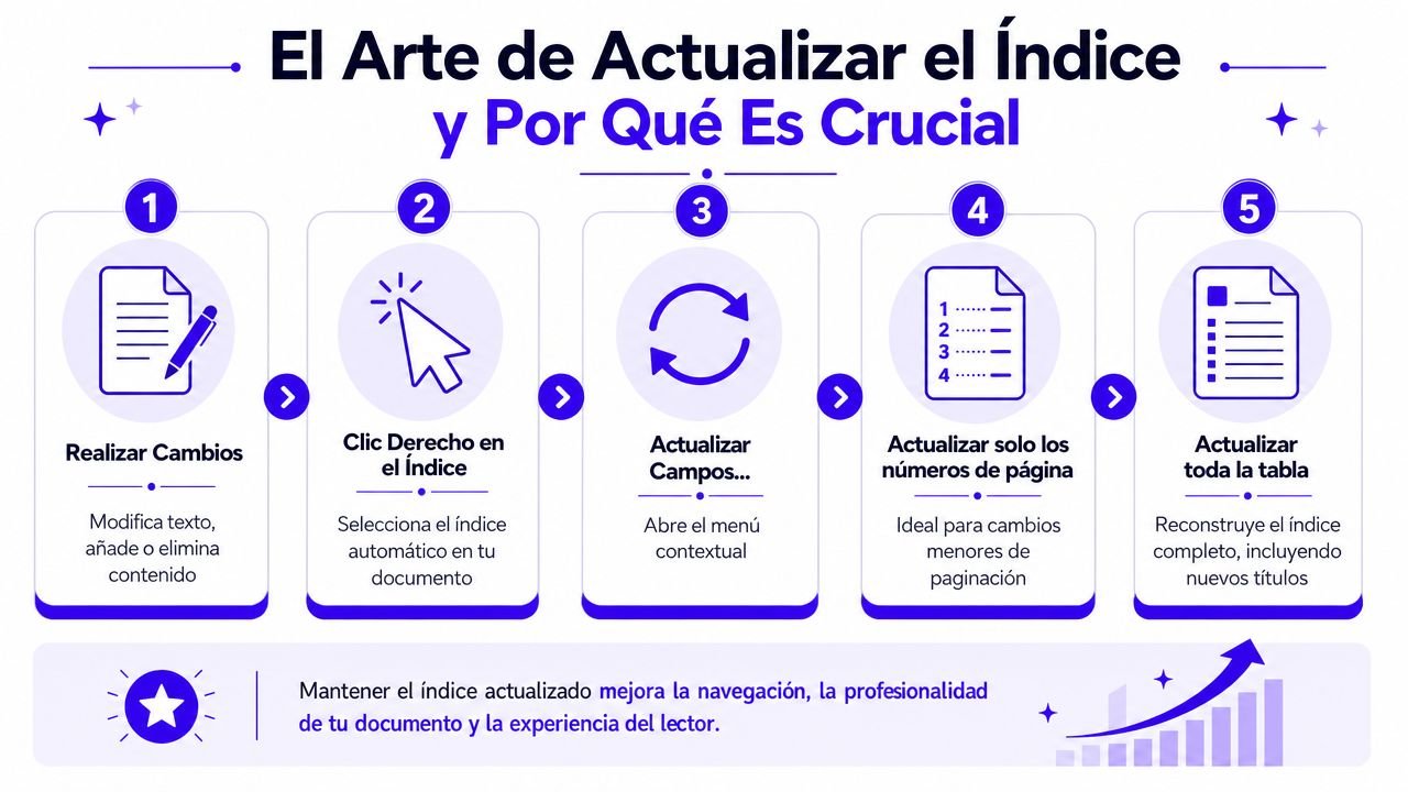 Infografía paso a paso sobre cómo actualizar un índice automático en documentos de Microsoft Word.