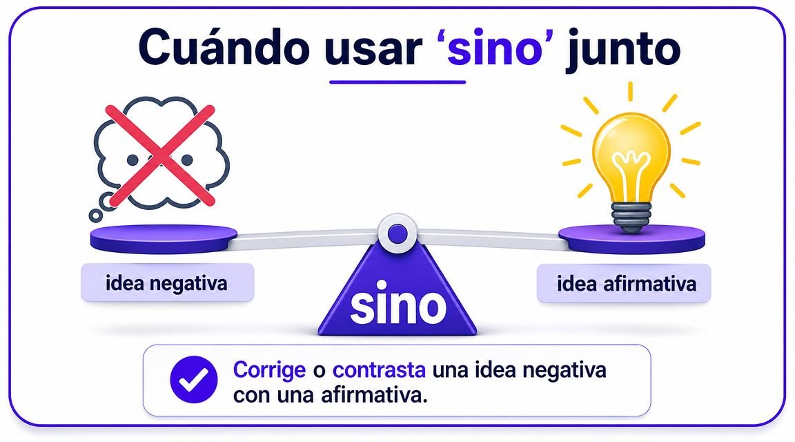 Infografía que explica el uso de la palabra sino para corregir o contrastar ideas negativas con afirmativas.