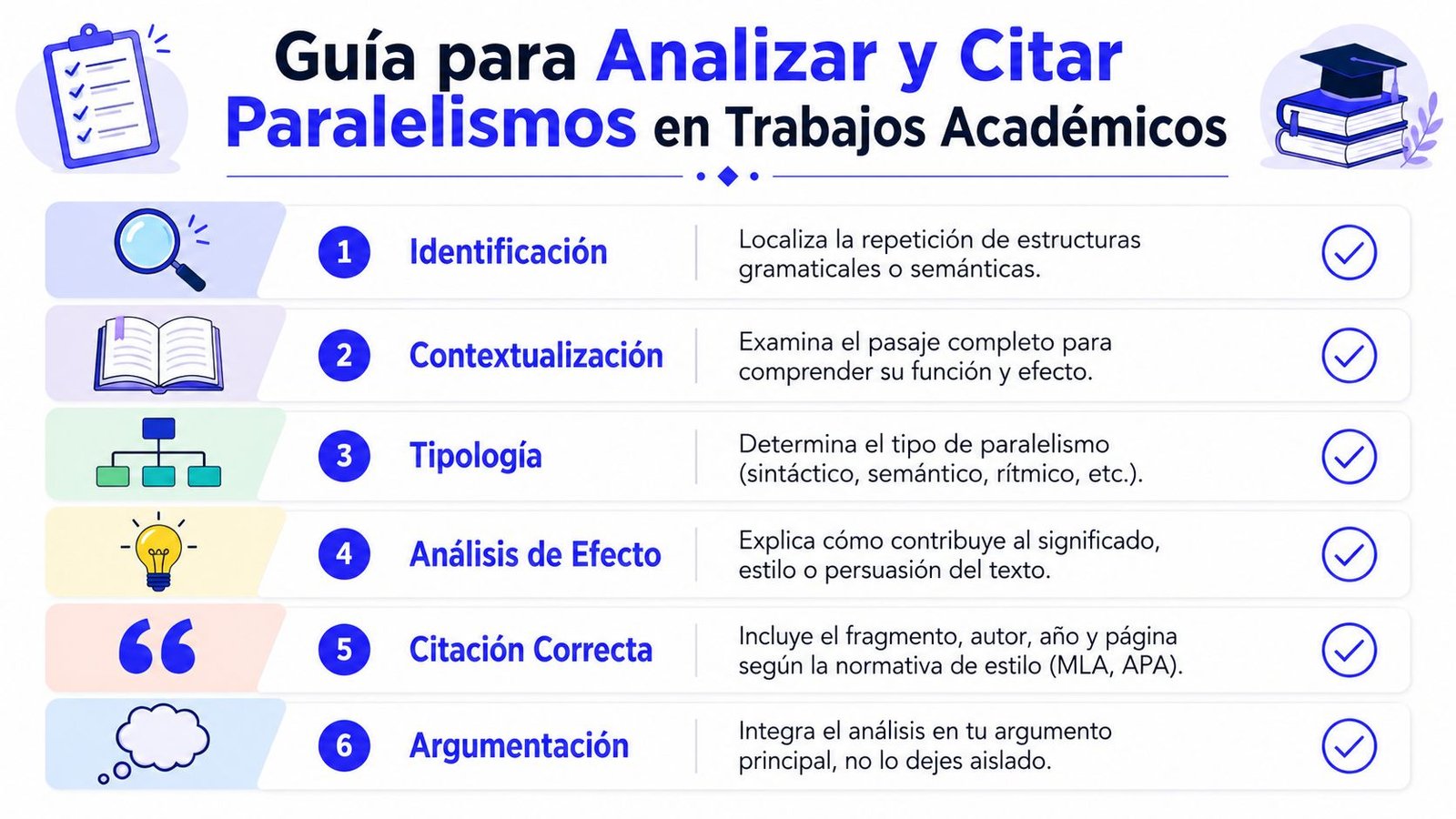 Una infografía educativa con seis pasos numerados para identificar y citar paralelismos literarios en trabajos académicos.