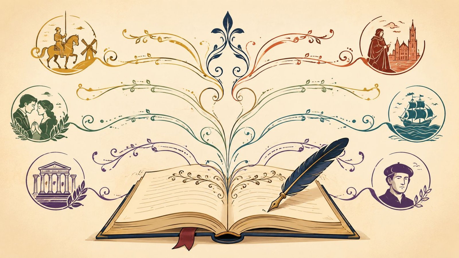 Libro abierto con una pluma y representaciones artísticas de géneros literarios clásicos conectadas por ramas decorativas.