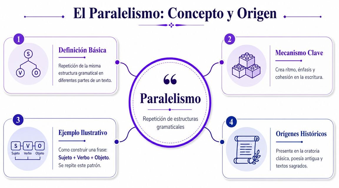 Infografía sobre el concepto de paralelismo, explicando su definición, mecanismo, ejemplos y orígenes históricos en la literatura.