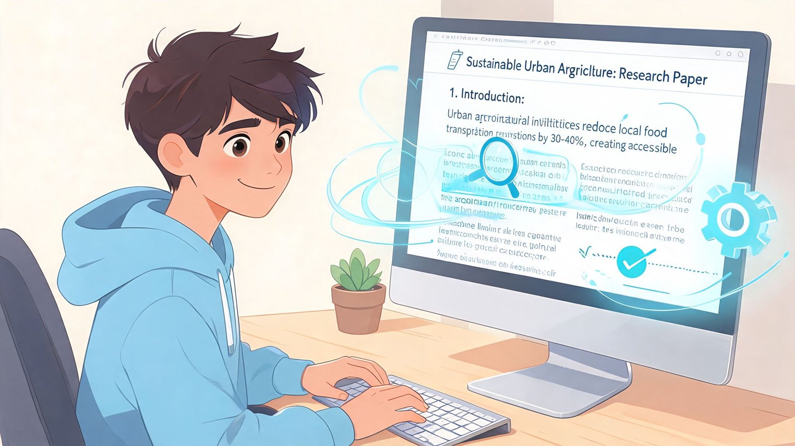 Un joven estudiante feliz utiliza una computadora para investigar sobre agricultura urbana sostenible y escritura académica.
