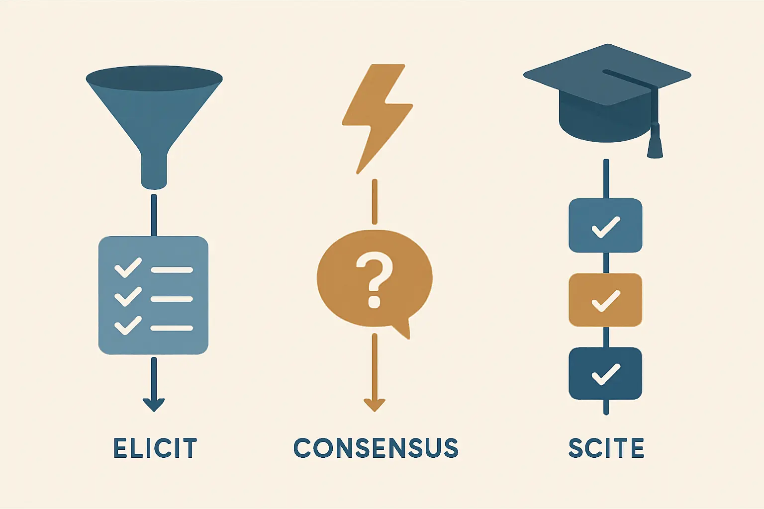 Ilustración de los tres casos de uso distintos de las herramientas IA para literatura académica: Elicit para revisión sistemática con PRISMA, Consensus para síntesis de evidencia rápida, y Scite para verificación de citaciones